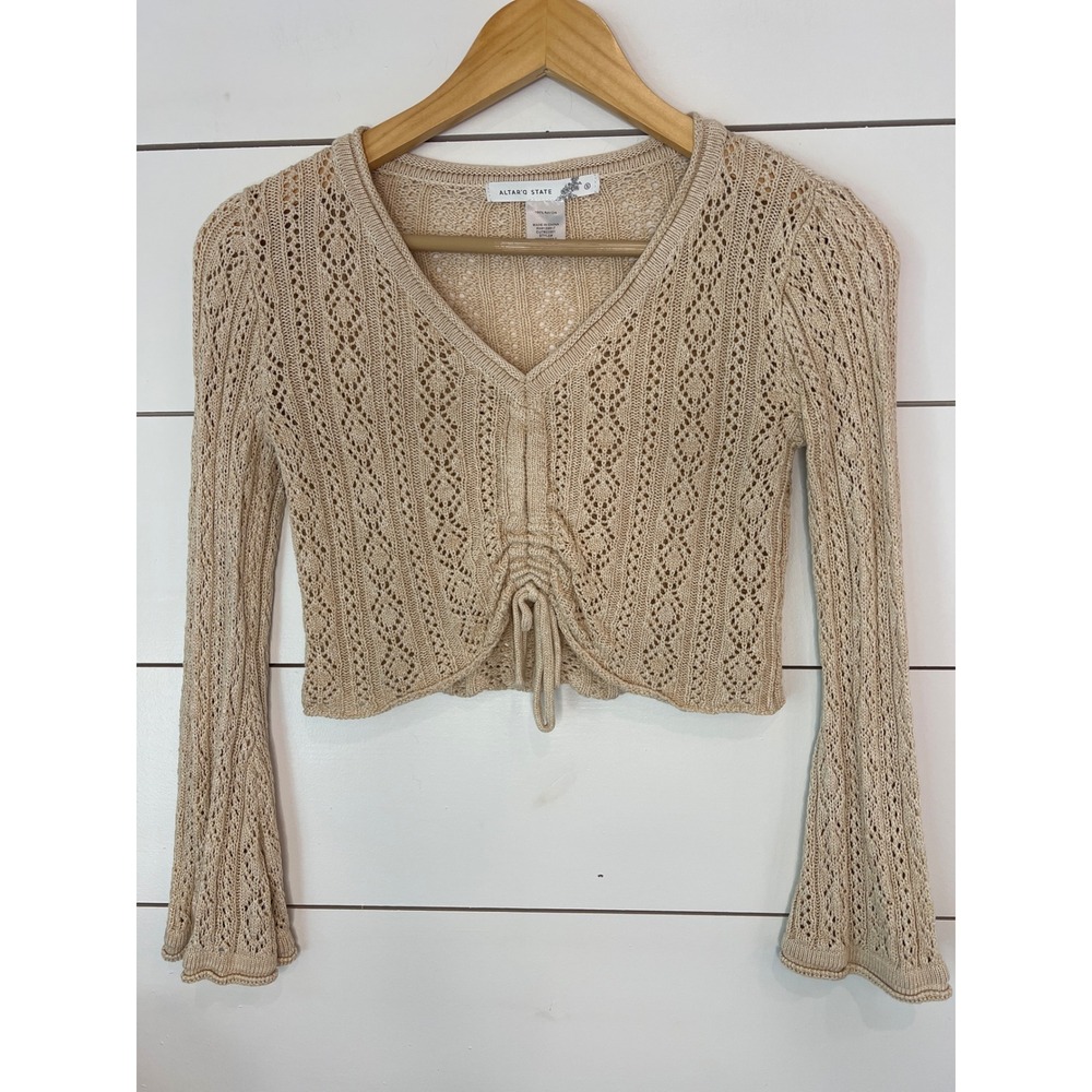 Altar'd State Beige y2k boho Knit Cropped Bell Sleeve Ruched Sweater fisherman